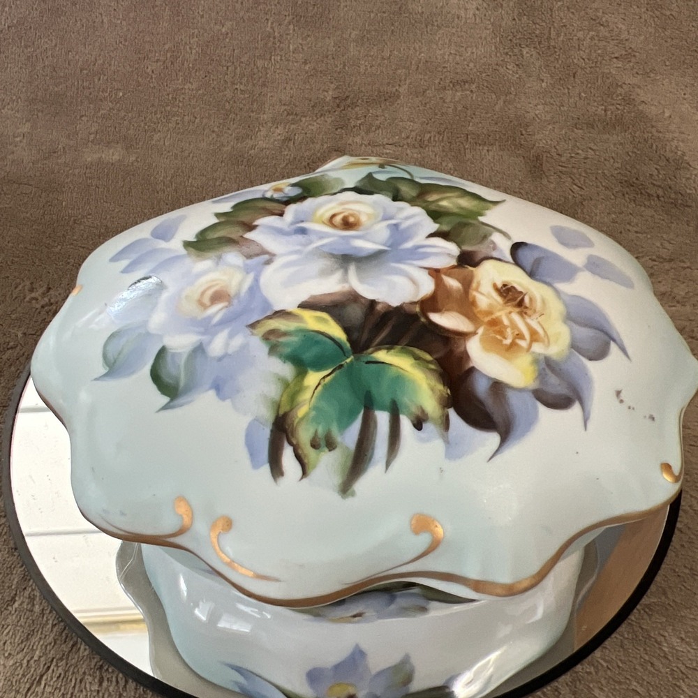 Vintage 1950s Ucagco Japan Floral Hand Painted Trinket Box 3" X 6" MCM